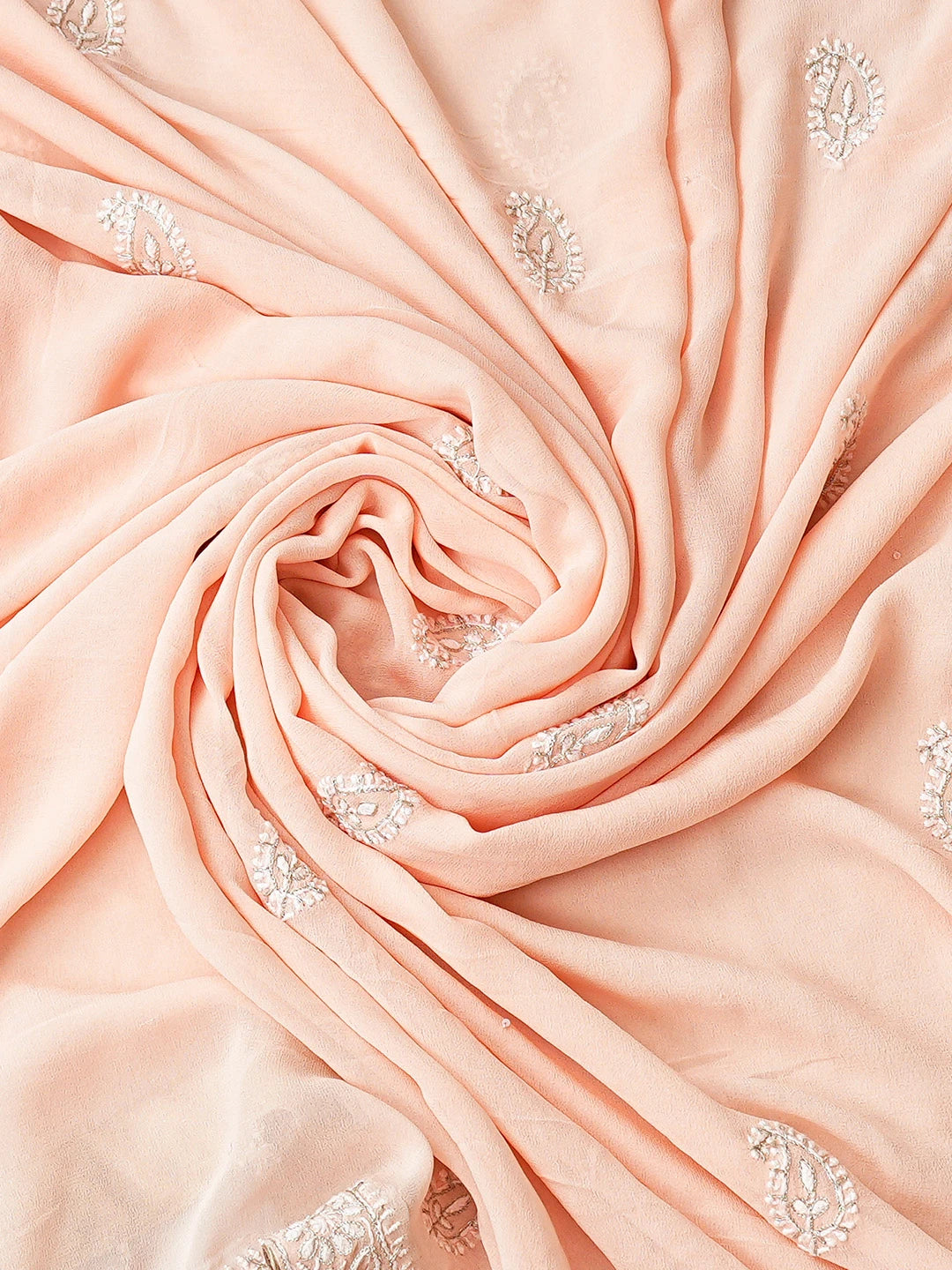 Ada Hand Embroidered Peach Pure Georgette Lucknowi Chikankari Unstitched Kurta Dupatta Set With Zari Work 01A663220