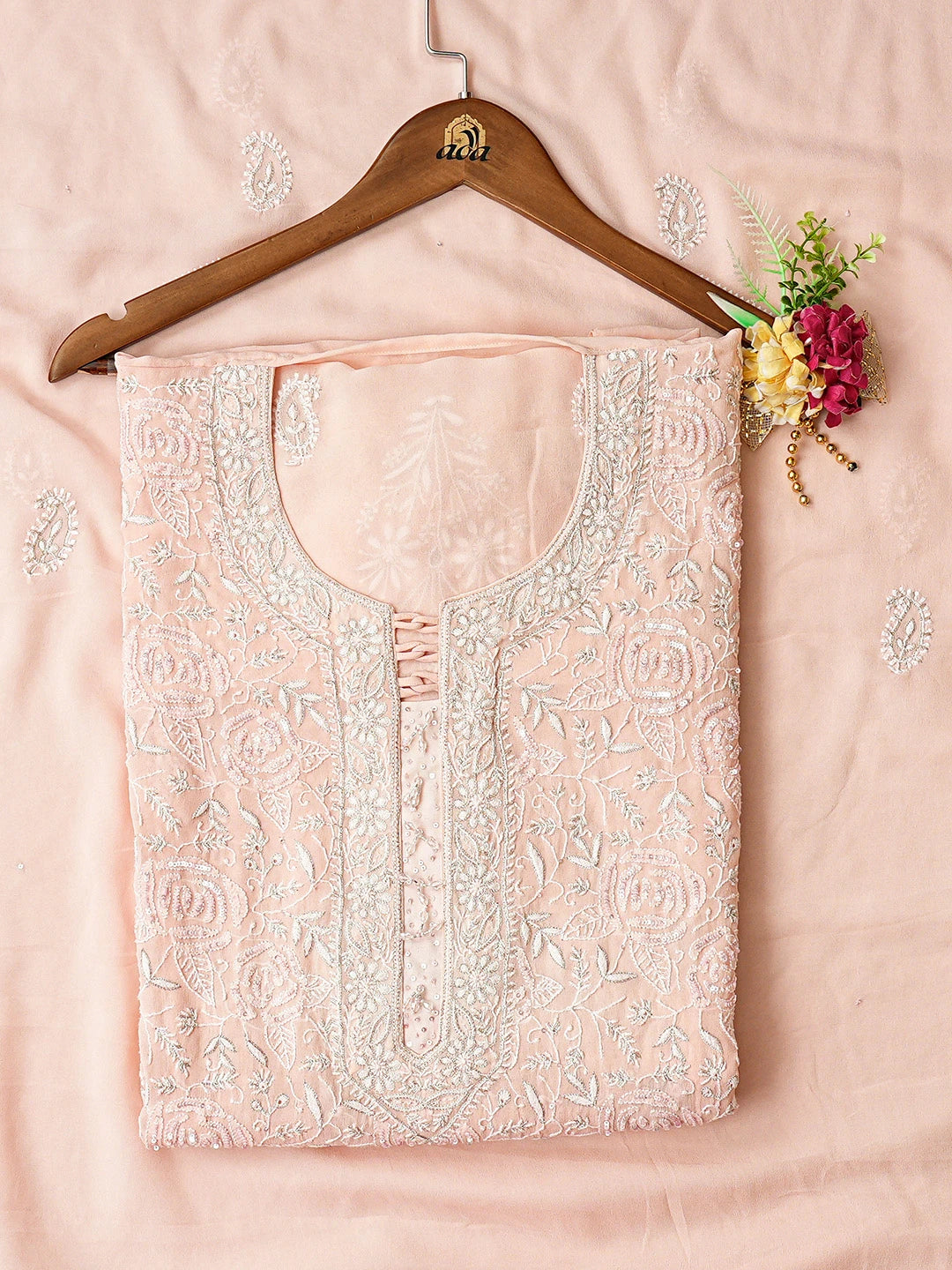 Ada Hand Embroidered Peach Pure Georgette Lucknowi Chikankari Unstitched Kurta Dupatta Set With Zari Work 01A663220