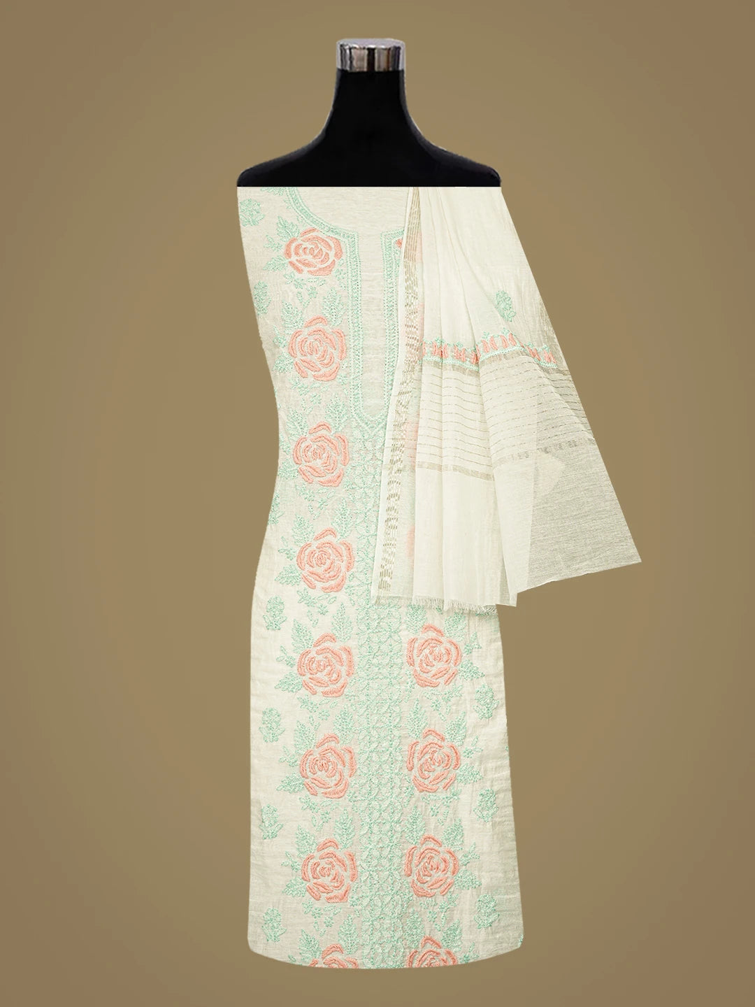 Ada Hand Embroidered White Ivory Chanderi Lucknowi Chikankari Unstitched Kurta Dupatta Set 01A862910