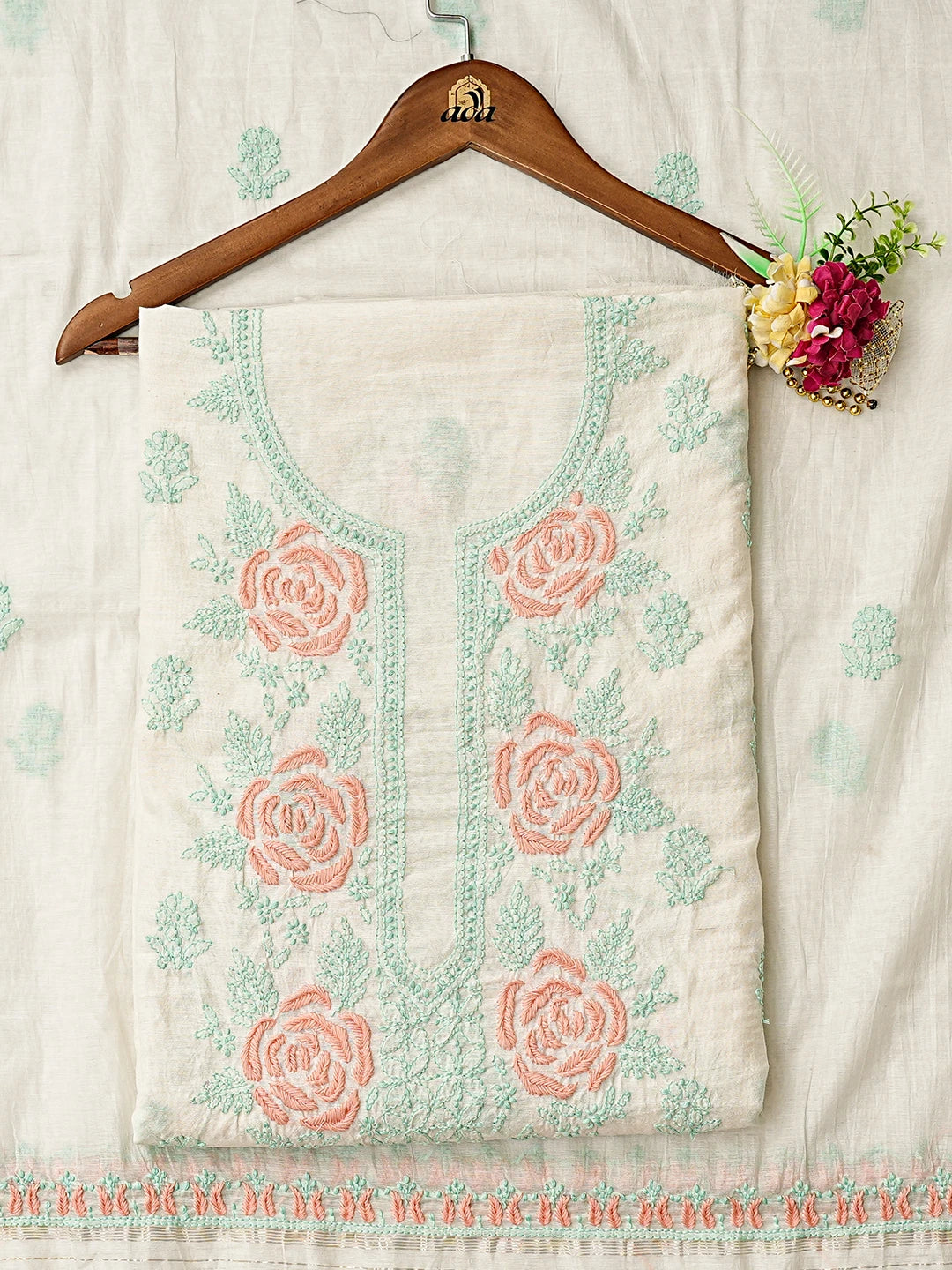 Ada Hand Embroidered White Ivory Chanderi Lucknowi Chikankari Unstitched Kurta Dupatta Set 01A862910