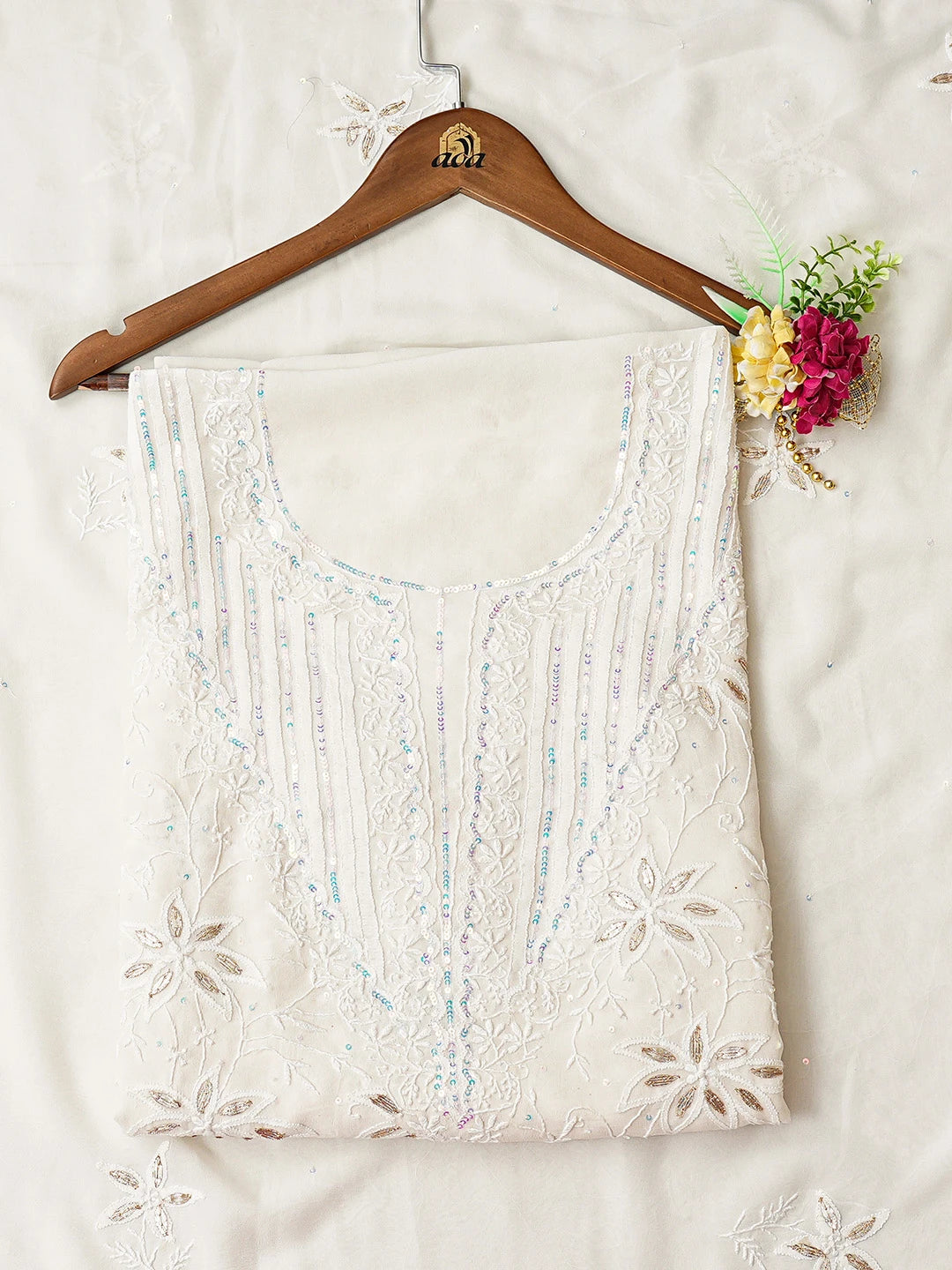 Ada Hand Embroidered White Pure Georgette Lucknowi Chikankari Unstitched Kurta Dupatta Set With Gotapatti Work 01A384476