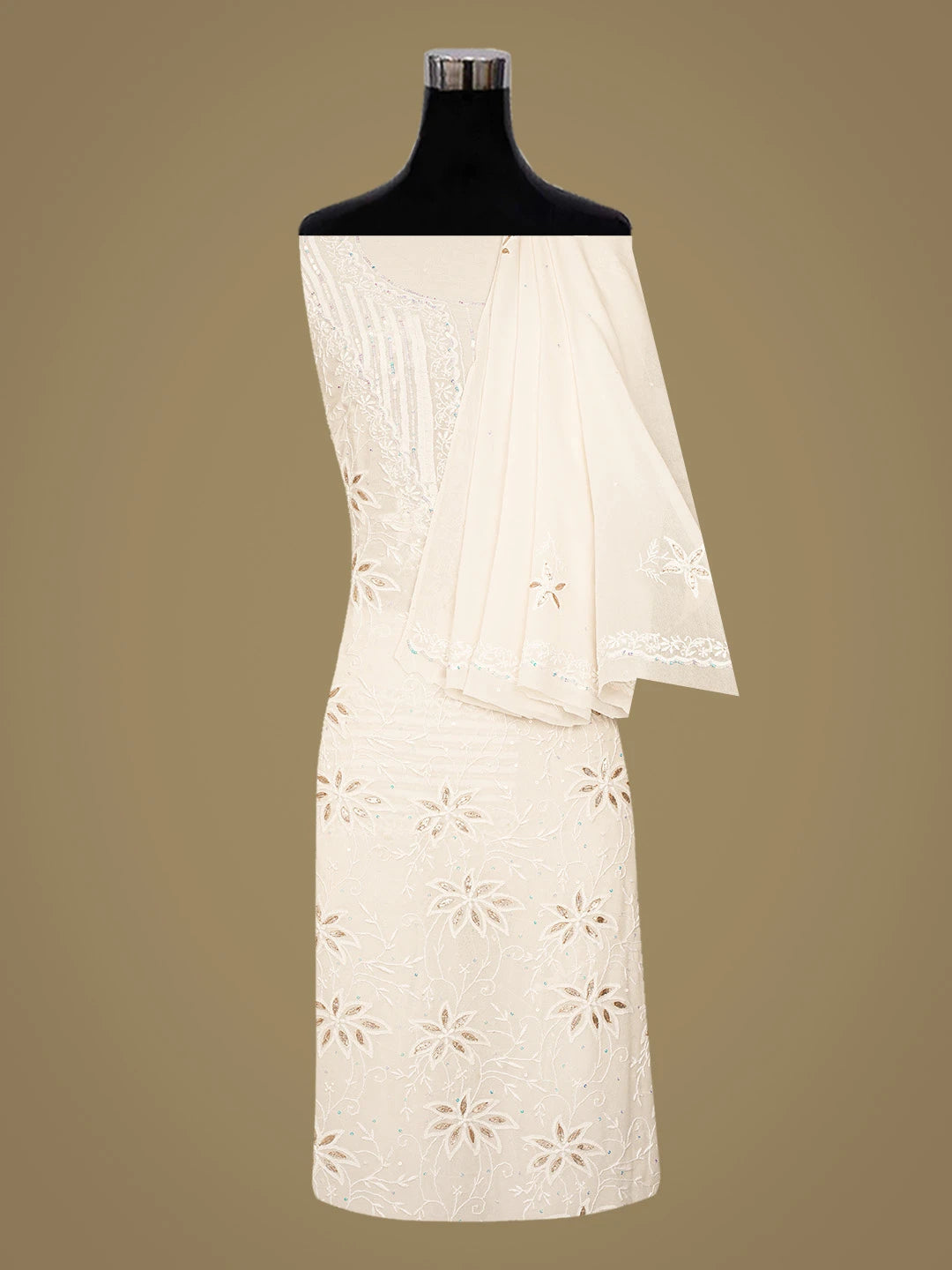 Ada Hand Embroidered White Pure Georgette Lucknowi Chikankari Unstitched Kurta Dupatta Set With Gotapatti Work 01A384476