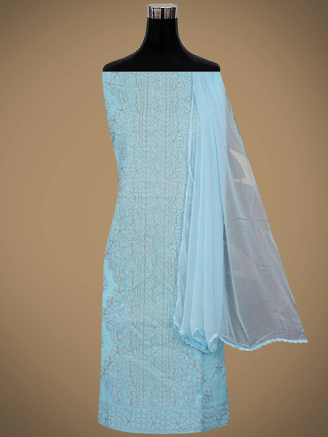 Ada Hand Embroidered Blue Cotton Lucknowi Chikankari Unstitched Suit Piece 01A879932