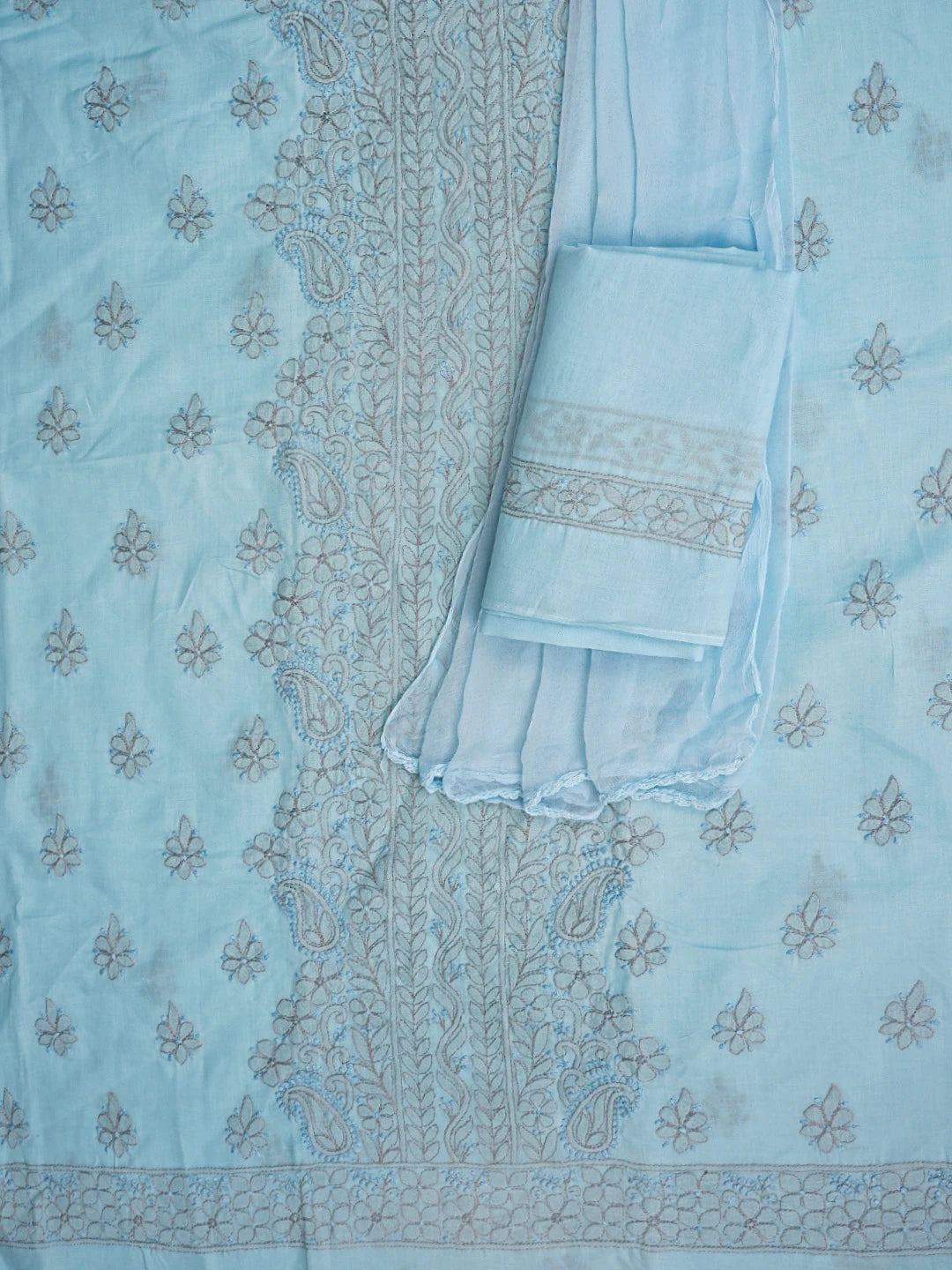 Ada Hand Embroidered Blue Cotton Lucknowi Chikankari Unstitched Suit Piece 01A879932