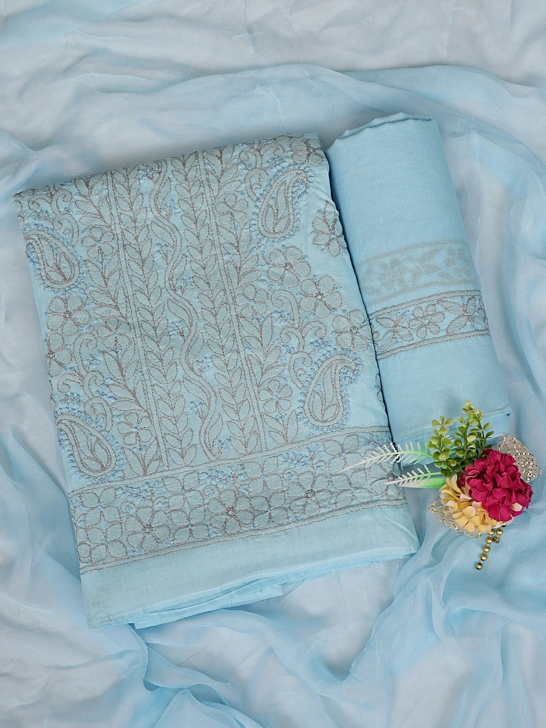 Ada Hand Embroidered Blue Cotton Lucknowi Chikankari Unstitched Suit Piece 01A879932