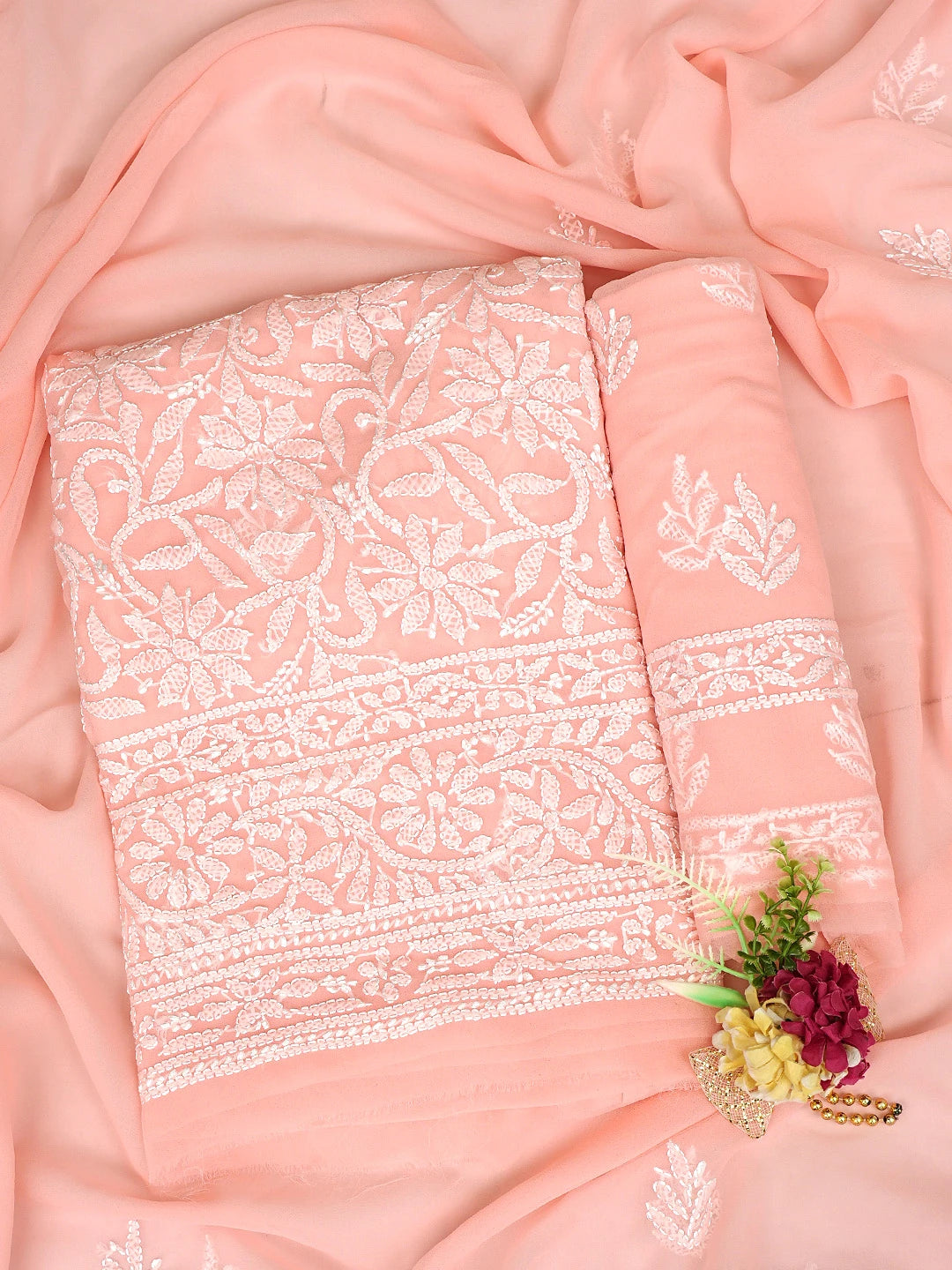 Ada Hand Embroidered Peach Georgette Lucknowi Chikankari Unstitched Suit Piece 01A878922
