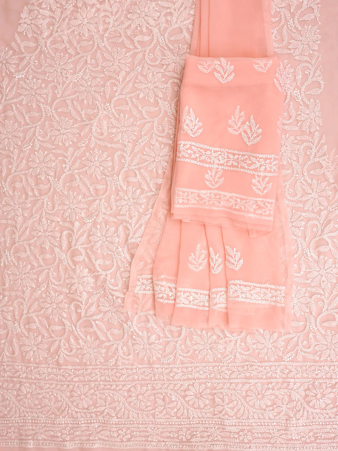 Ada Hand Embroidered Peach Georgette Lucknowi Chikankari Unstitched Suit Piece 01A878922