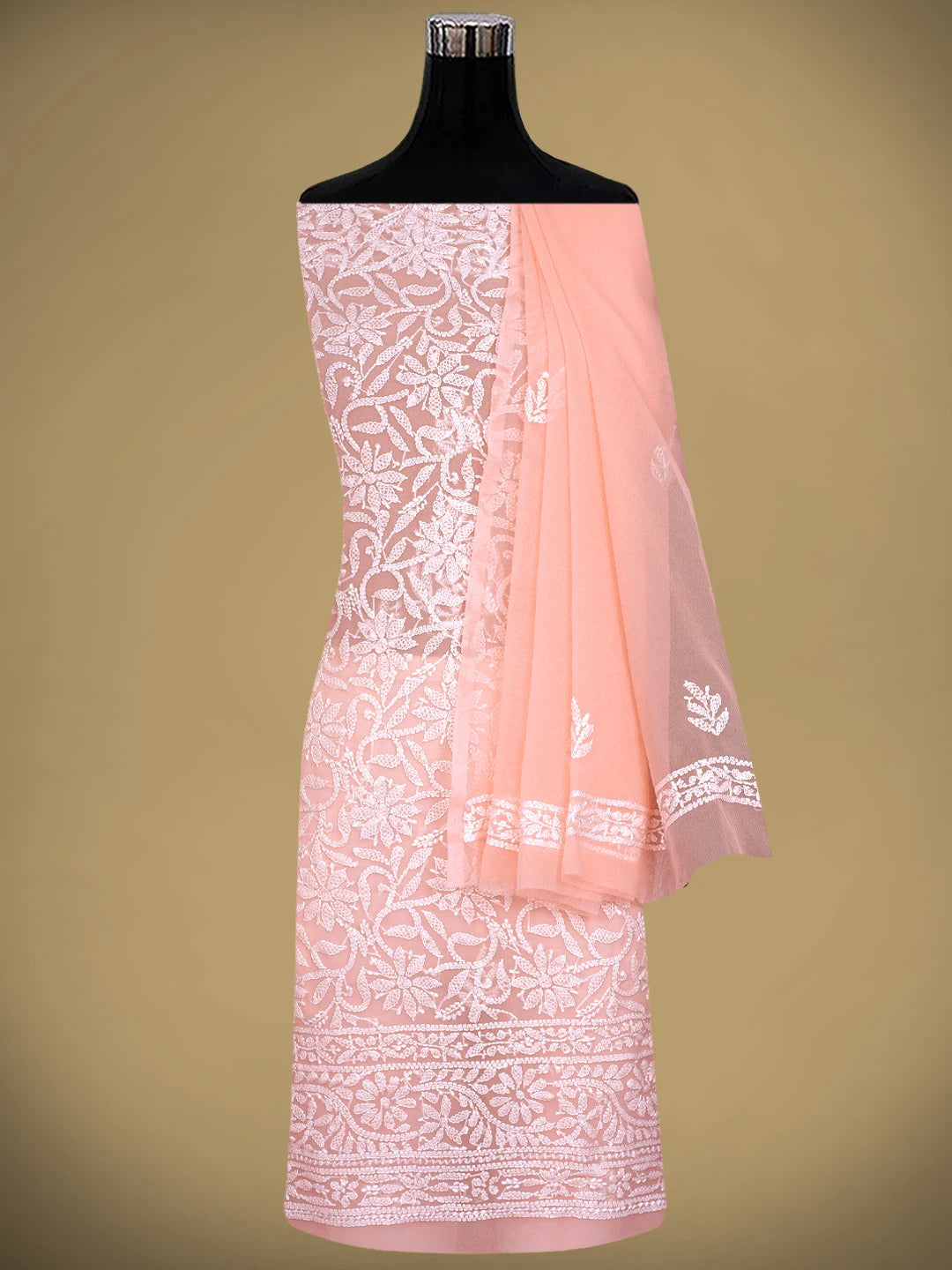Ada Hand Embroidered Peach Georgette Lucknowi Chikankari Unstitched Suit Piece 01A878922