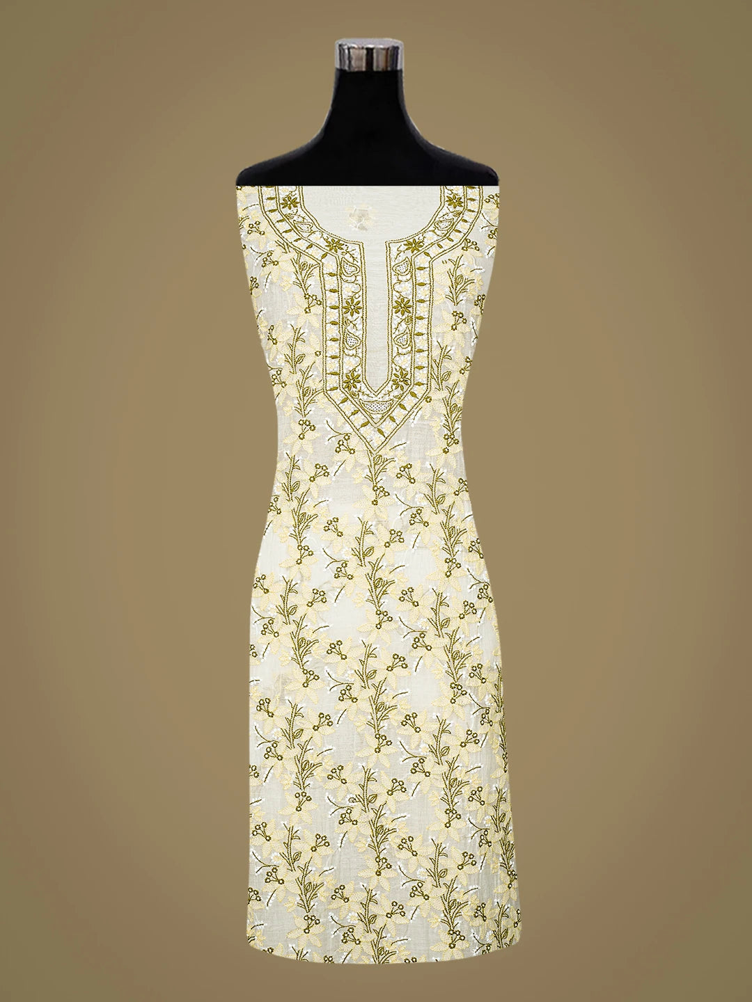 Ada Hand Embroidered White Eggshell Chanderi Lucknowi Chikankari Unstitched Kurta Dupatta Set 01A865484