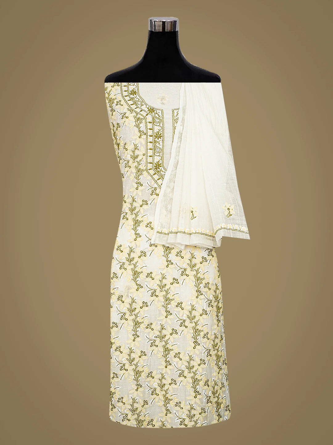 Ada Hand Embroidered White Eggshell Chanderi Lucknowi Chikankari Unstitched Kurta Dupatta Set 01A865484