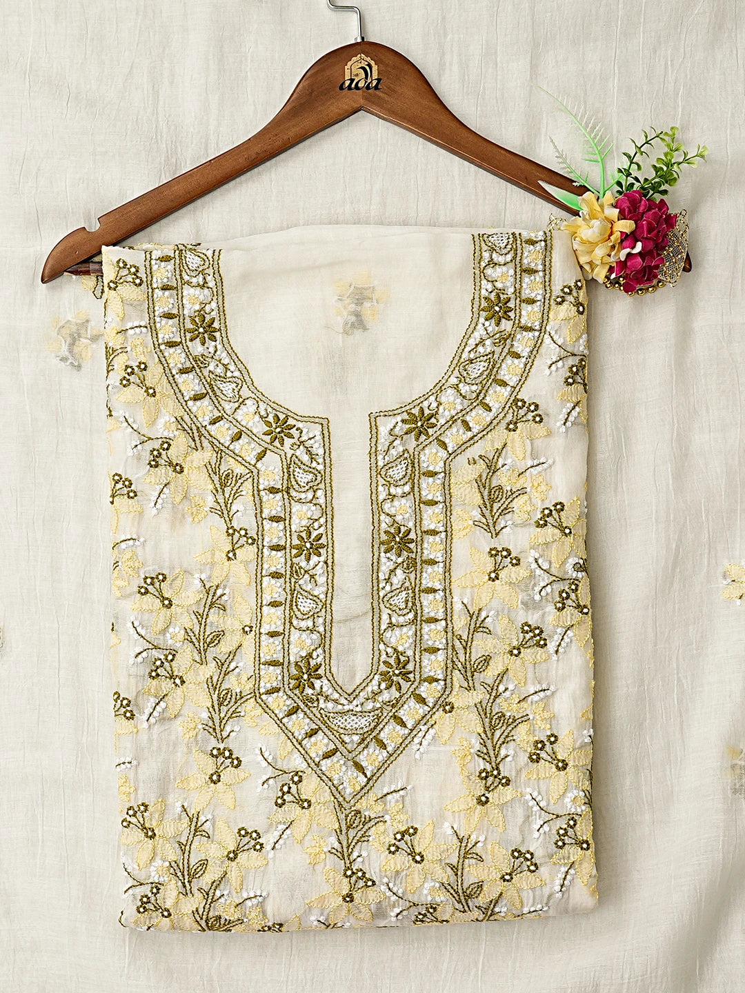 Ada Hand Embroidered White Eggshell Chanderi Lucknowi Chikankari Unstitched Kurta Dupatta Set 01A865484