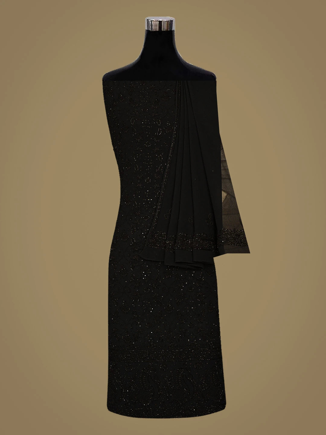 Ada Hand Embroidered Black Pure Georgette Lucknowi Chikankari Unstitched Kurta Dupatta Set With Cutdana Work 01A726312