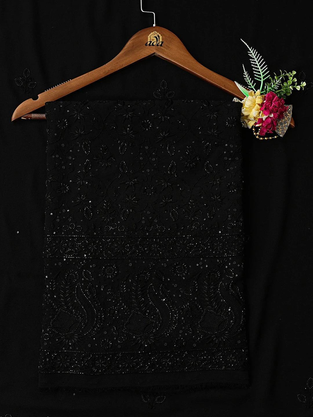Ada Hand Embroidered Black Pure Georgette Lucknowi Chikankari Unstitched Kurta Dupatta Set With Cutdana Work 01A726312