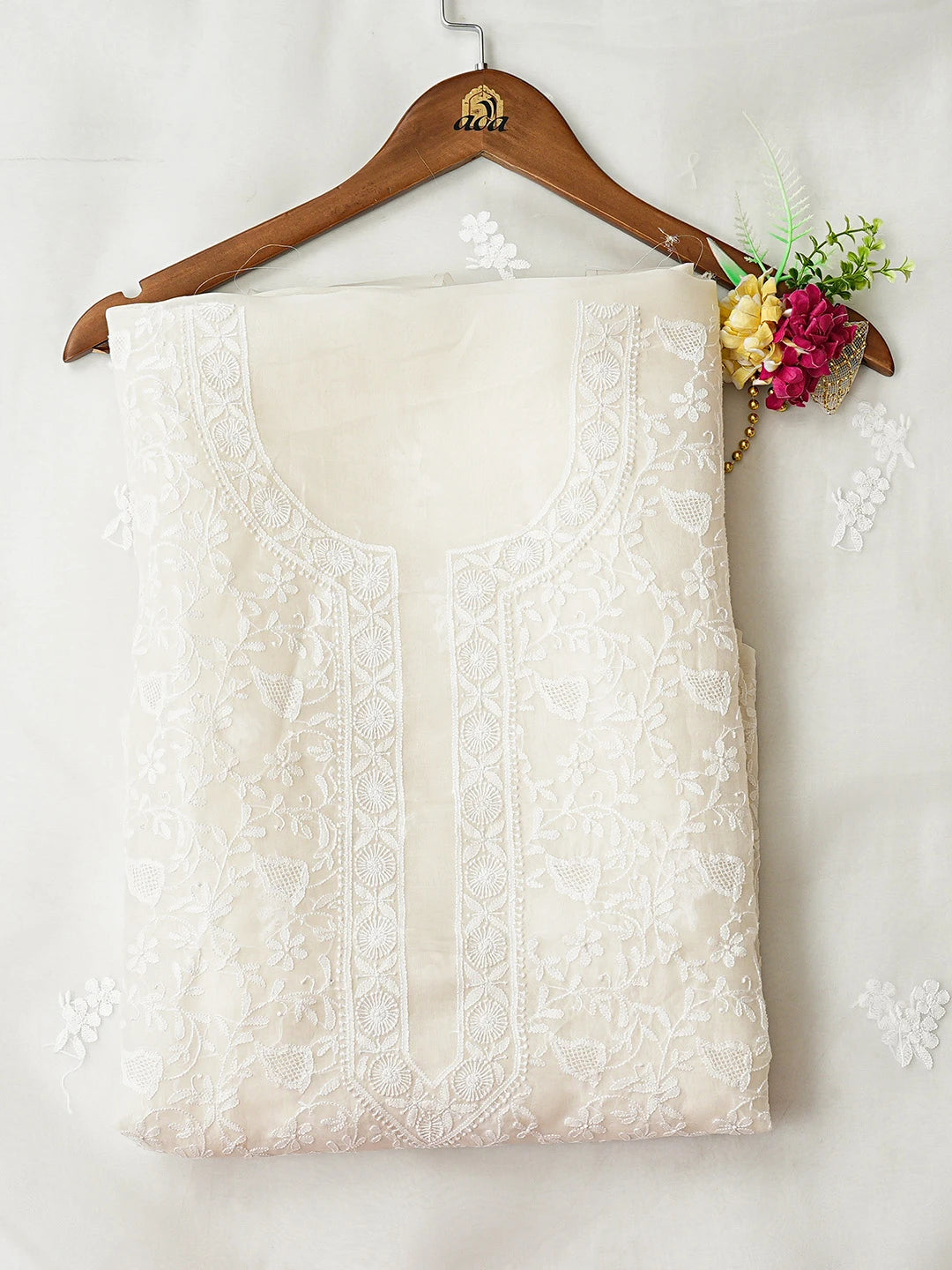 Ada Hand Embroidered White Organza Lucknowi Chikankari Unstitched Kurta Dupatta Set 01A888732