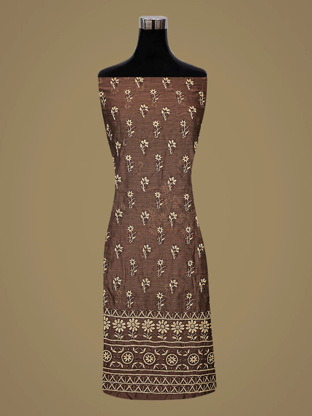 Ada Hand Embroidered Coffee Brown Chanderi Lucknowi Chikankari Unstitched Kurta Dupatta Set 01A879569