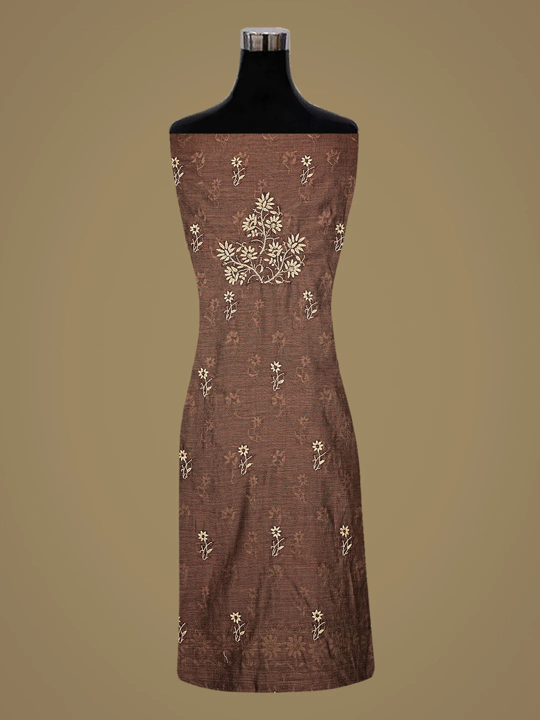 Ada Hand Embroidered Coffee Brown Chanderi Lucknowi Chikankari Unstitched Kurta Dupatta Set 01A879569