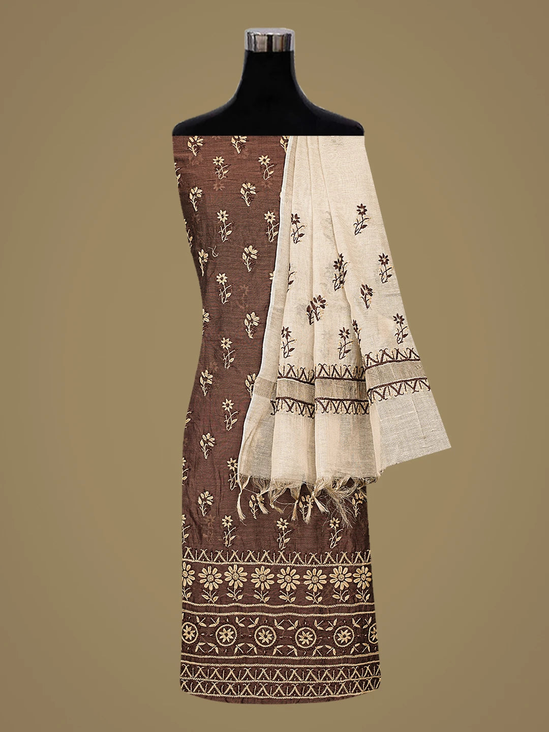 Ada Hand Embroidered Coffee Brown Chanderi Lucknowi Chikankari Unstitched Kurta Dupatta Set 01A879569