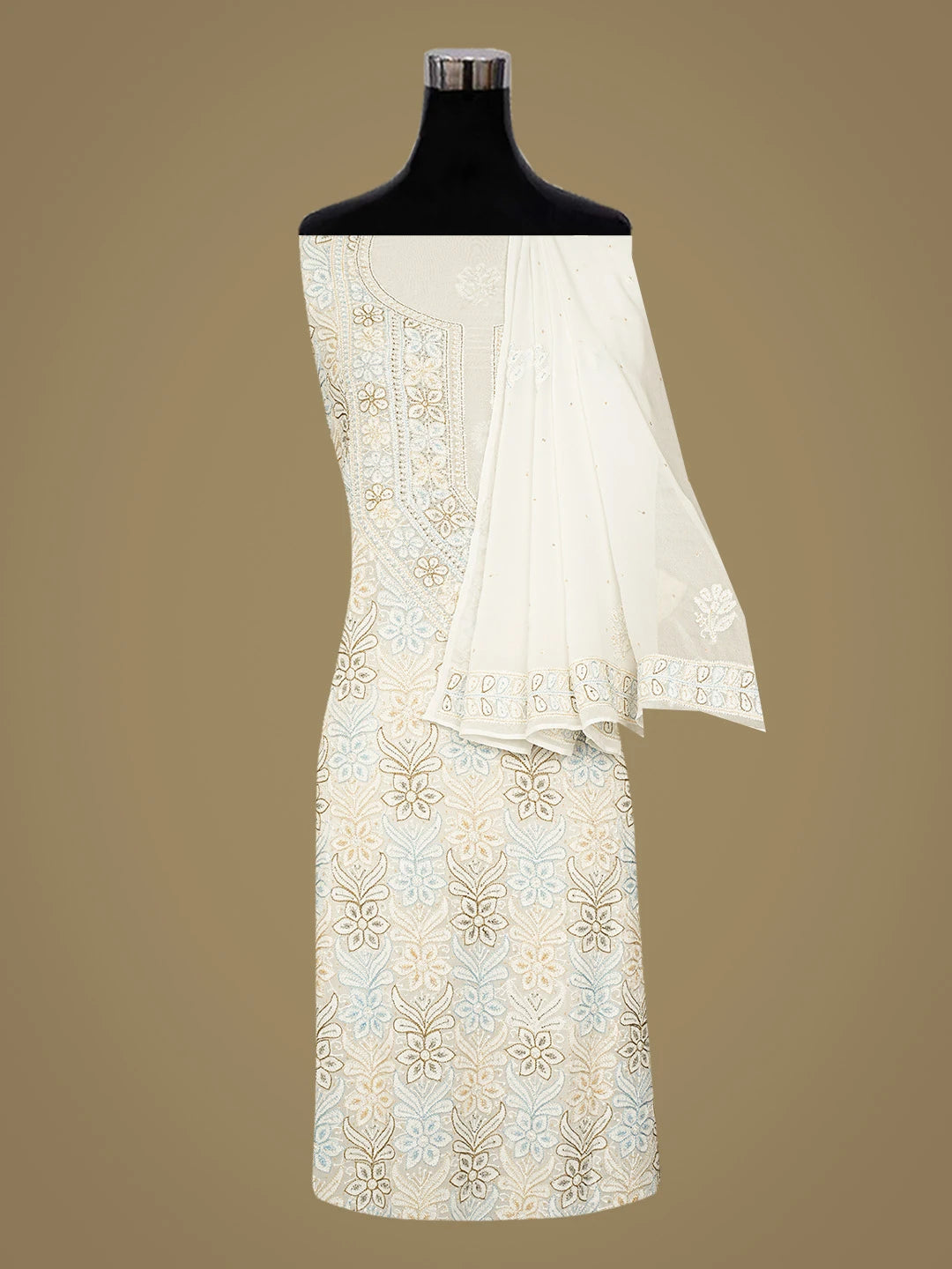Ada Hand Embroidered White Viscose Georgette Lucknowi Chikankari Unstitched Kurta Dupatta Set With Cutdana Work 01A684910