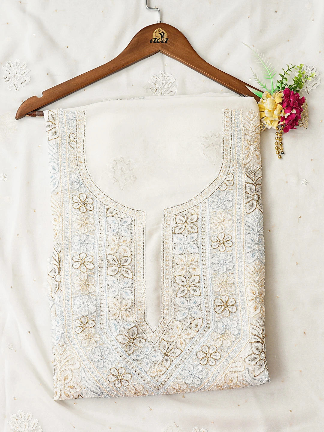 Ada Hand Embroidered White Viscose Georgette Lucknowi Chikankari Unstitched Kurta Dupatta Set With Cutdana Work 01A684910