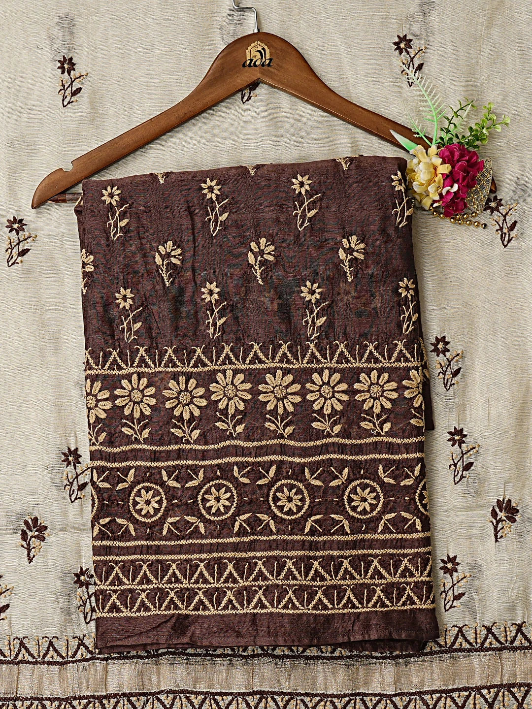 Ada Hand Embroidered Coffee Brown Chanderi Lucknowi Chikankari Unstitched Kurta Dupatta Set 01A879569