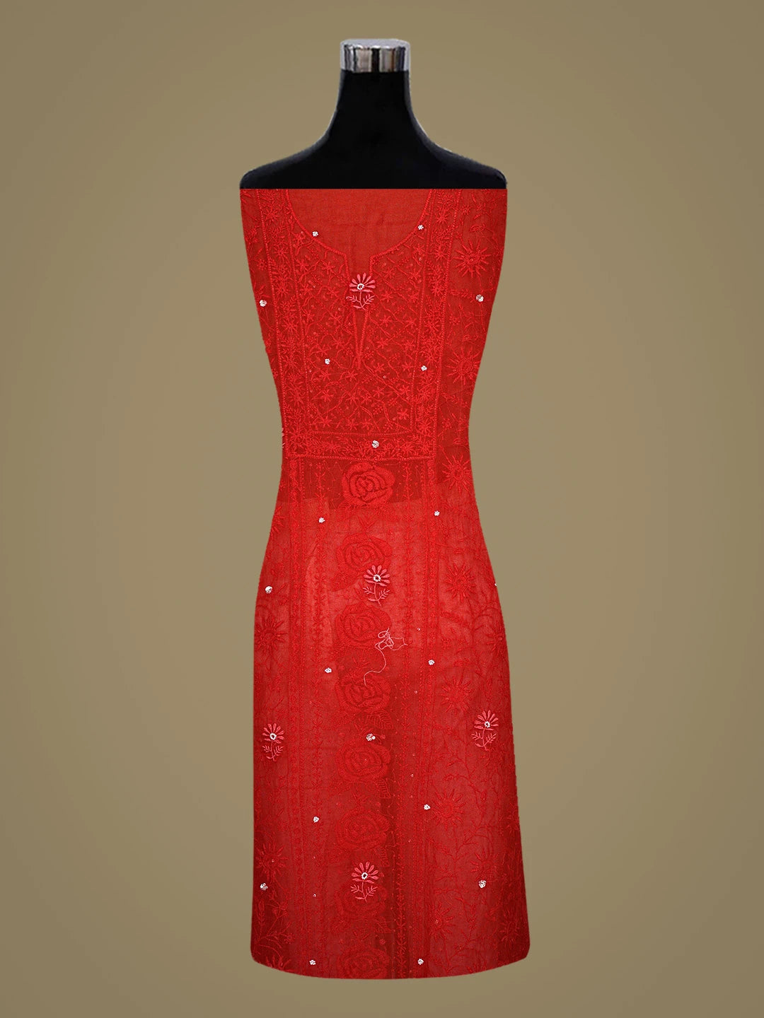 Ada Hand Embroidered Red Organza Lucknowi Chikankari Unstitched Kurta Dupatta Set With Cutdana Work 01A856609