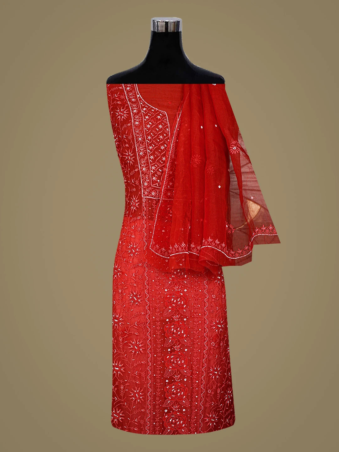Ada Hand Embroidered Red Organza Lucknowi Chikankari Unstitched Kurta Dupatta Set With Cutdana Work 01A856609