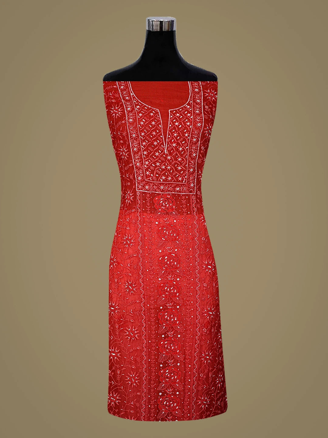 Ada Hand Embroidered Red Organza Lucknowi Chikankari Unstitched Kurta Dupatta Set With Cutdana Work 01A856609