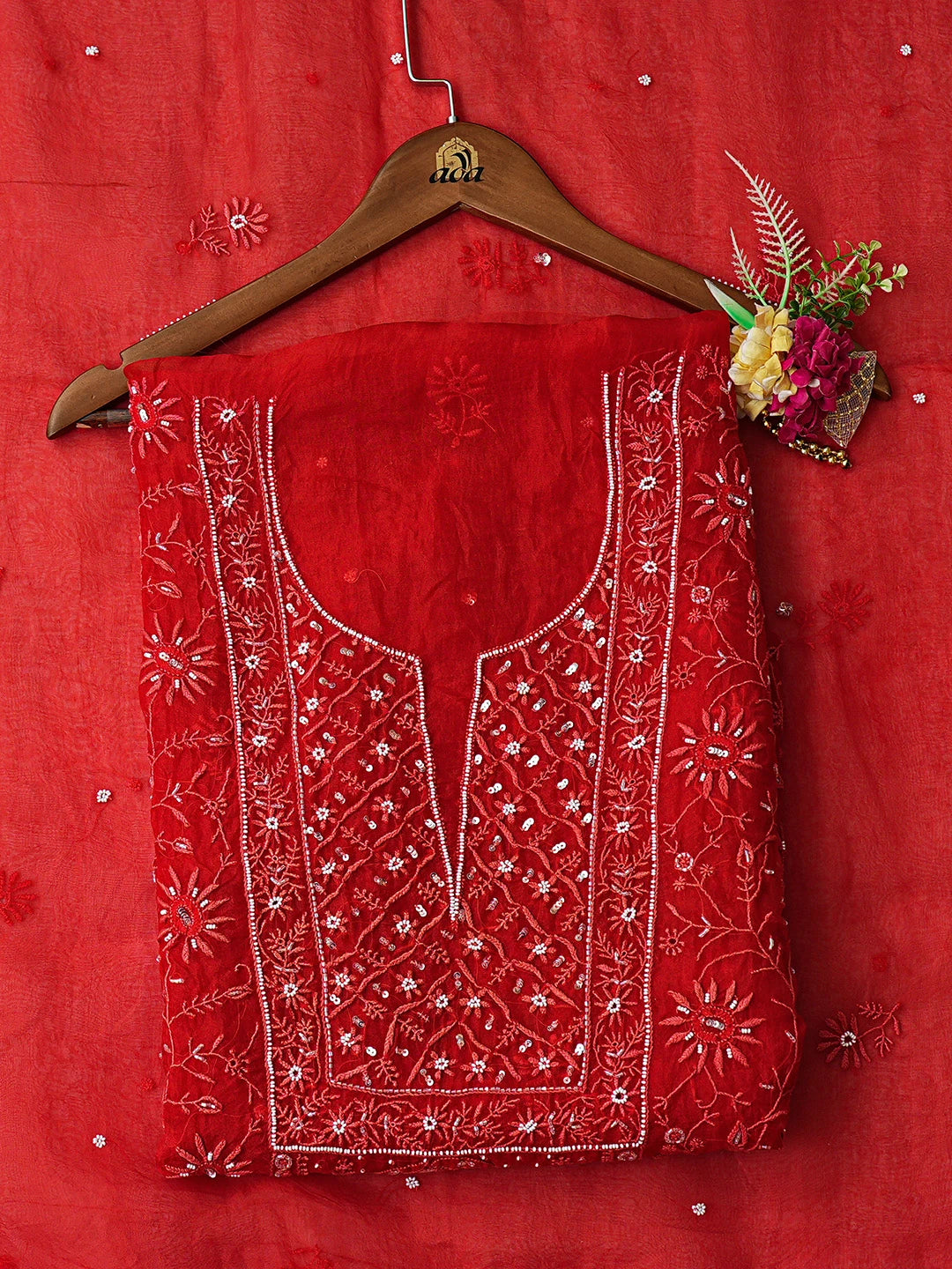 Ada Hand Embroidered Red Organza Lucknowi Chikankari Unstitched Kurta Dupatta Set With Cutdana Work 01A856609