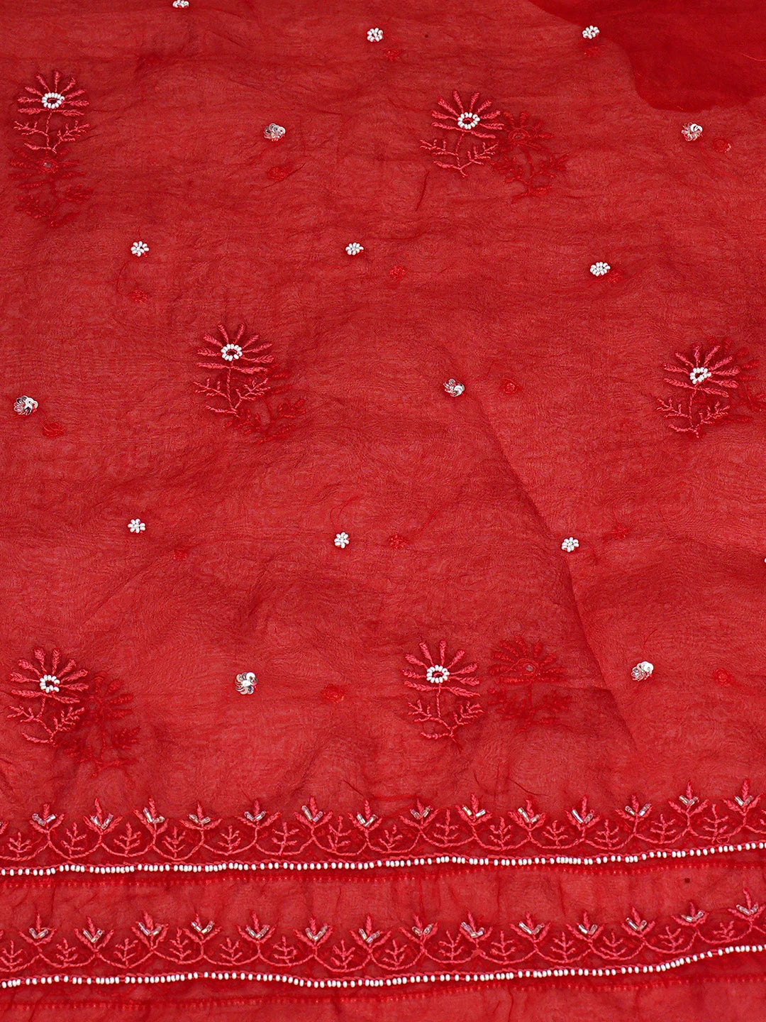 Ada Hand Embroidered Red Organza Lucknowi Chikankari Unstitched Kurta Dupatta Set With Cutdana Work 01A856609