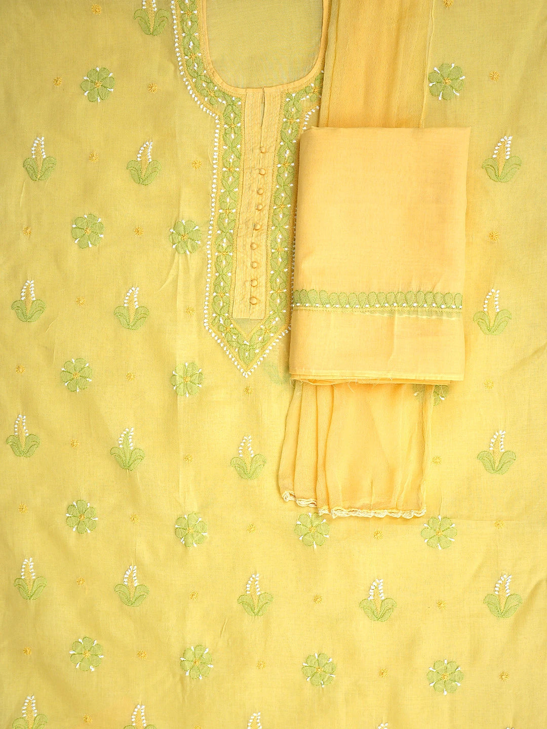 Ada Hand Embroidered Yellow Cotton Lucknowi Chikankari Unstitched Suit Piece 01A879664