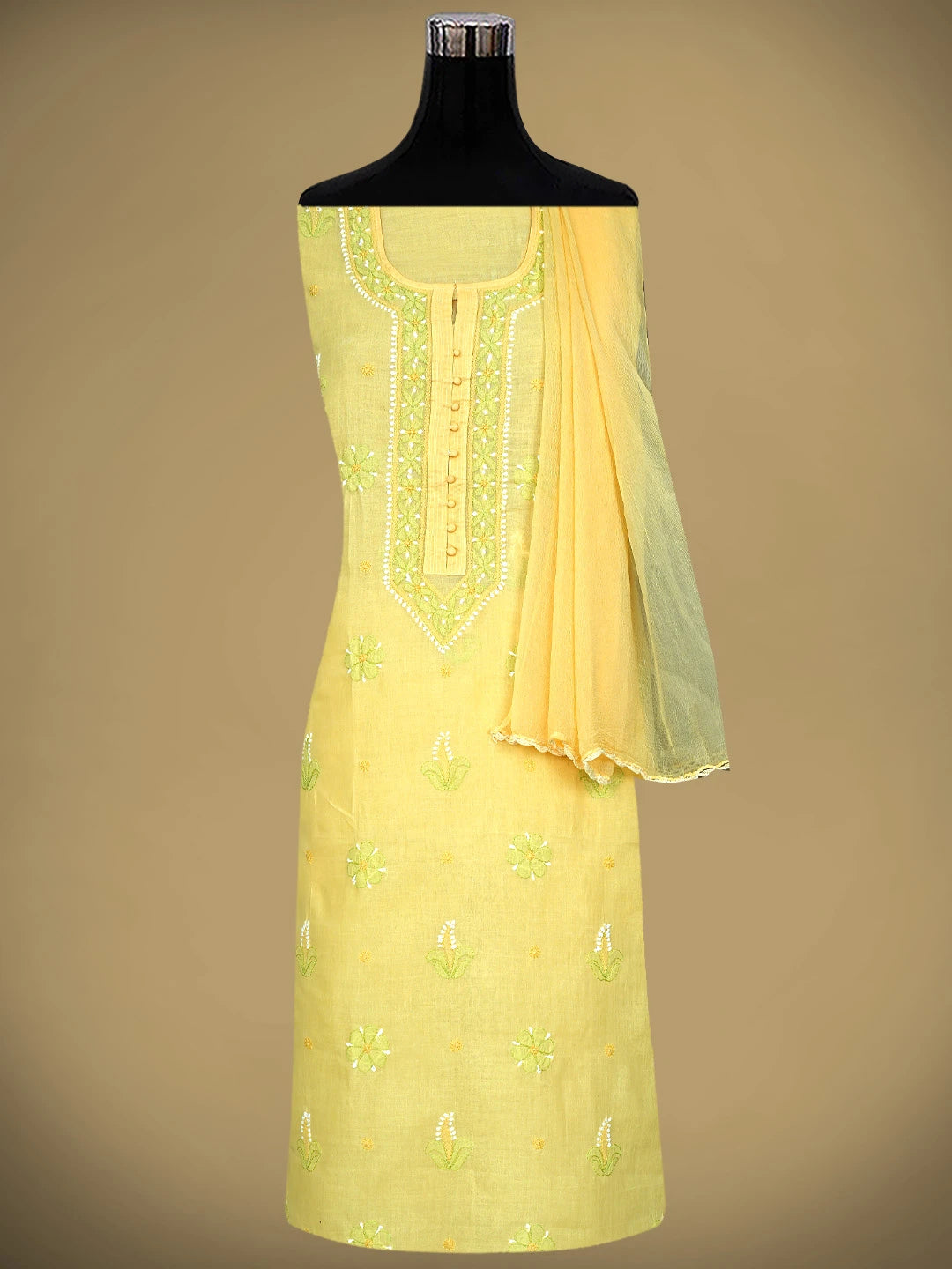 Ada Hand Embroidered Yellow Cotton Lucknowi Chikankari Unstitched Suit Piece 01A879664