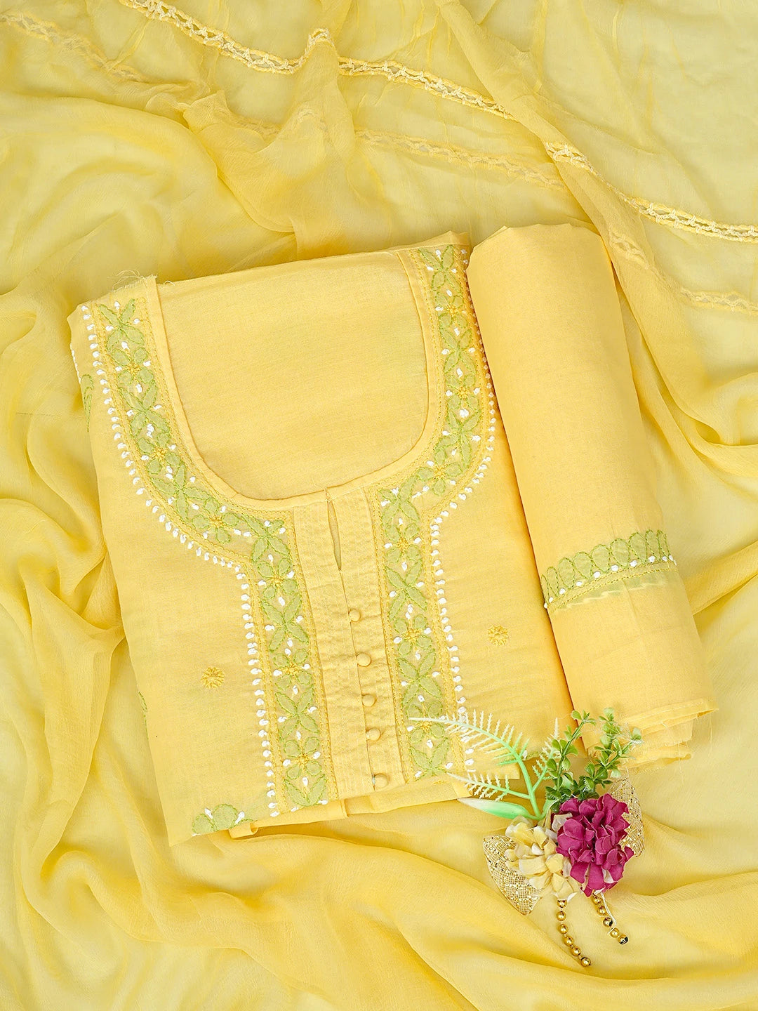 Ada Hand Embroidered Yellow Cotton Lucknowi Chikankari Unstitched Suit Piece 01A879664