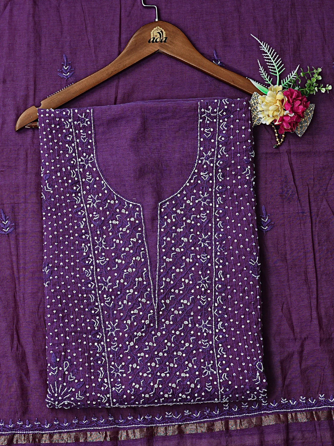 Ada Hand Embroidered Purple Chanderi Lucknowi Chikankari Unstitched Kurta Dupatta Set With Cutdana Work 01A762774