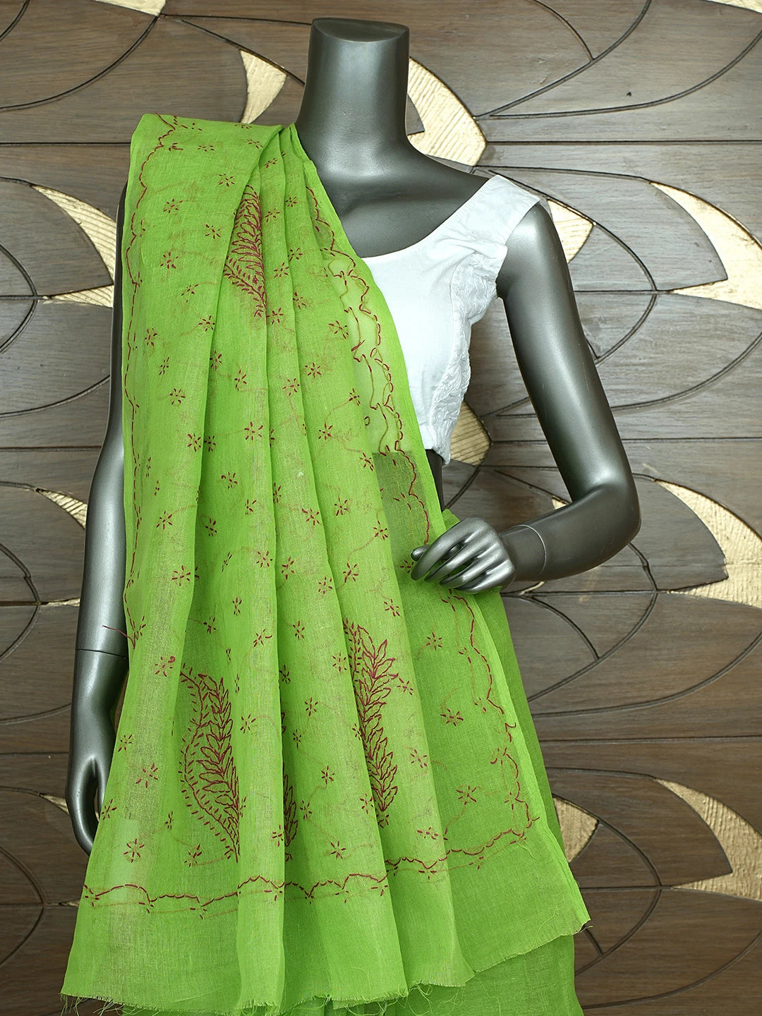 Ada Hand Embroidered Green Cotton Lucknowi Chikankari Saree and Blouse 01A882872
