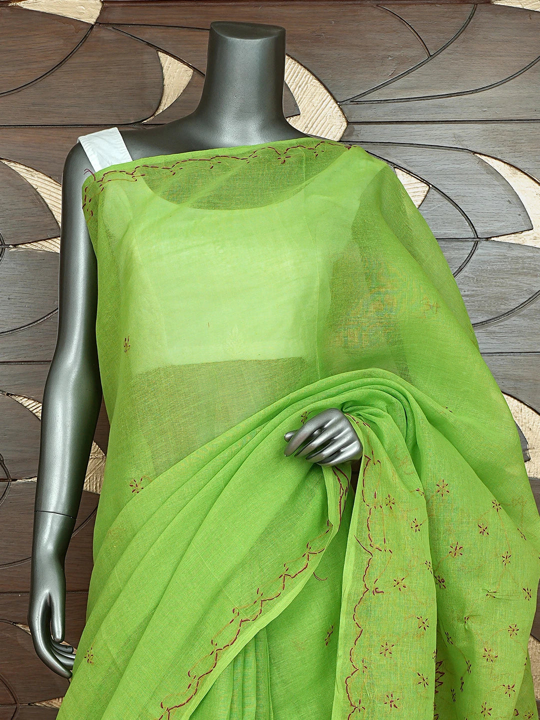 Ada Hand Embroidered Green Cotton Lucknowi Chikankari Saree and Blouse 01A882872