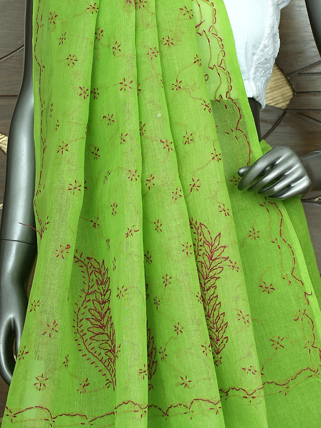 Ada Hand Embroidered Green Cotton Lucknowi Chikankari Saree and Blouse 01A882872