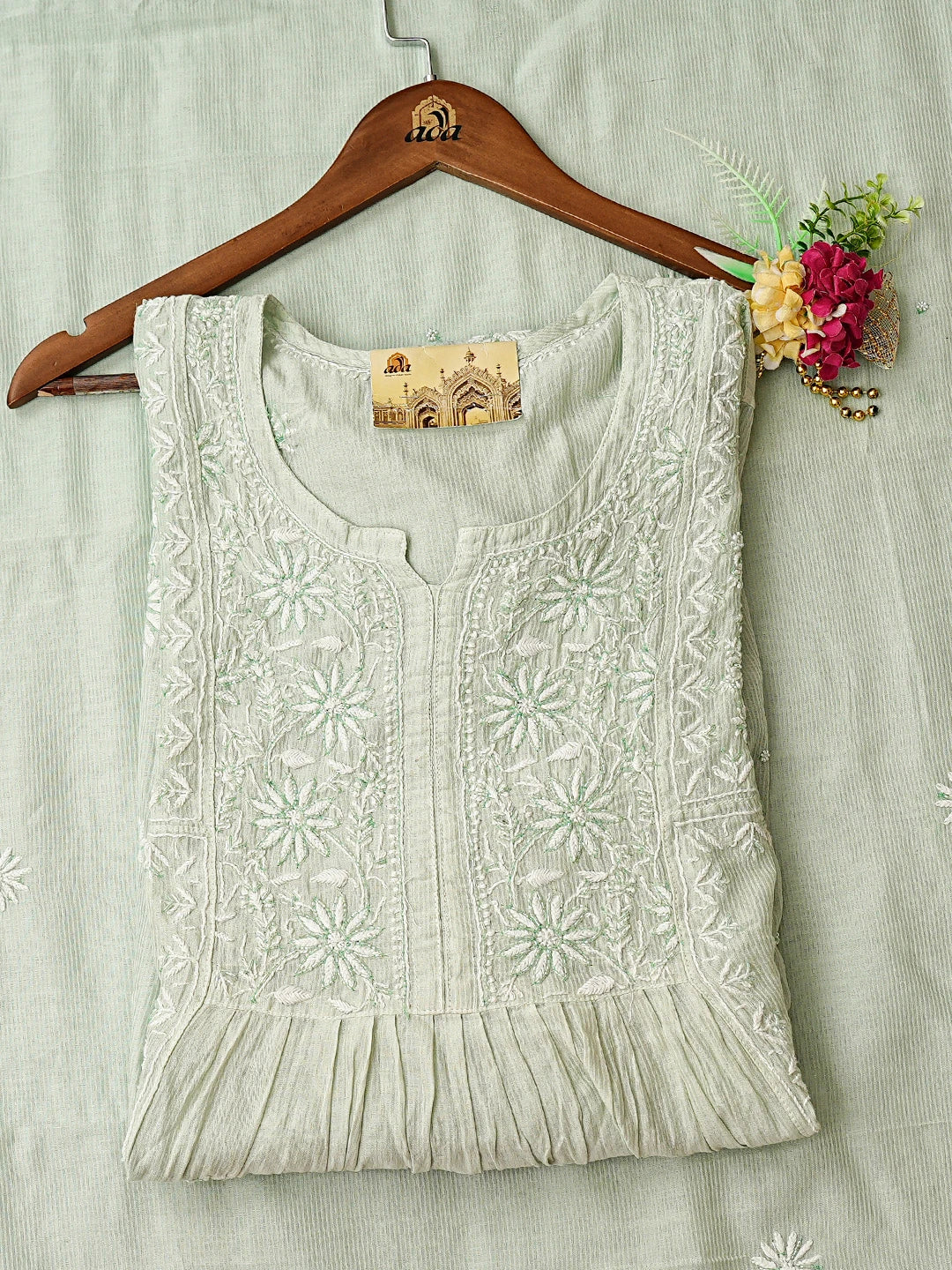 Ada Hand Embroidered Mint Green Chanderi Lucknowi Chikankari A-Line Semi-Stitched Kurta Dupatta Set With Cutdana Work 01A749478