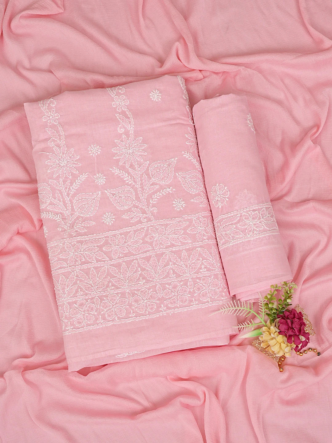 Ada Hand Embroidered Pink Cotton Lucknowi Chikankari Unstitched Suit Piece 01A881440