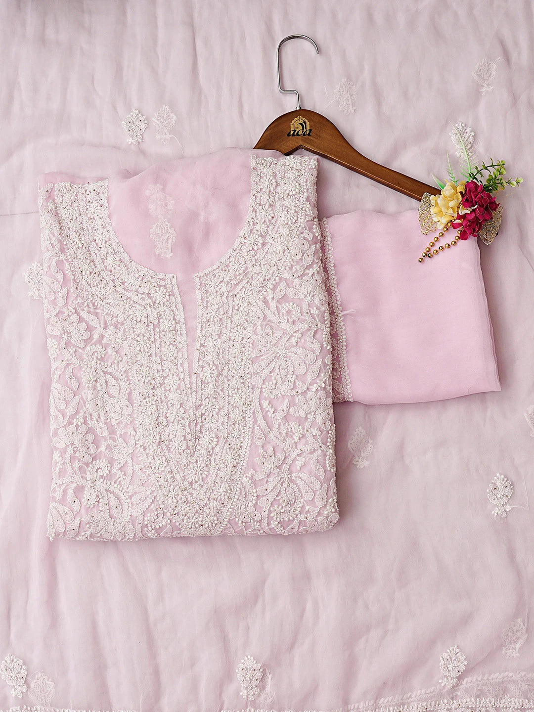 Ada Hand Embroidered Baby Pink Georgette Lucknowi Chikankari Unstitched Suit Piece 01A779106