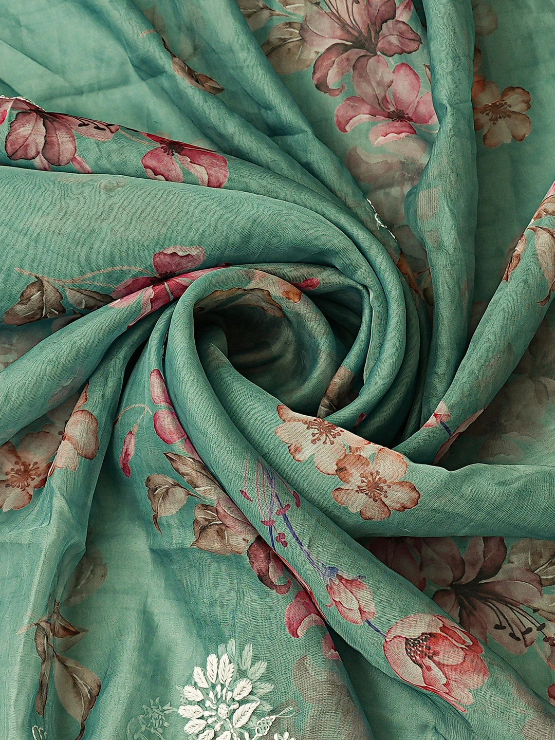 Ada Hand Embroidered Floral Printed Green Organza Lucknowi Chikankari Unstitched Kurta Dupatta Set 01A876558