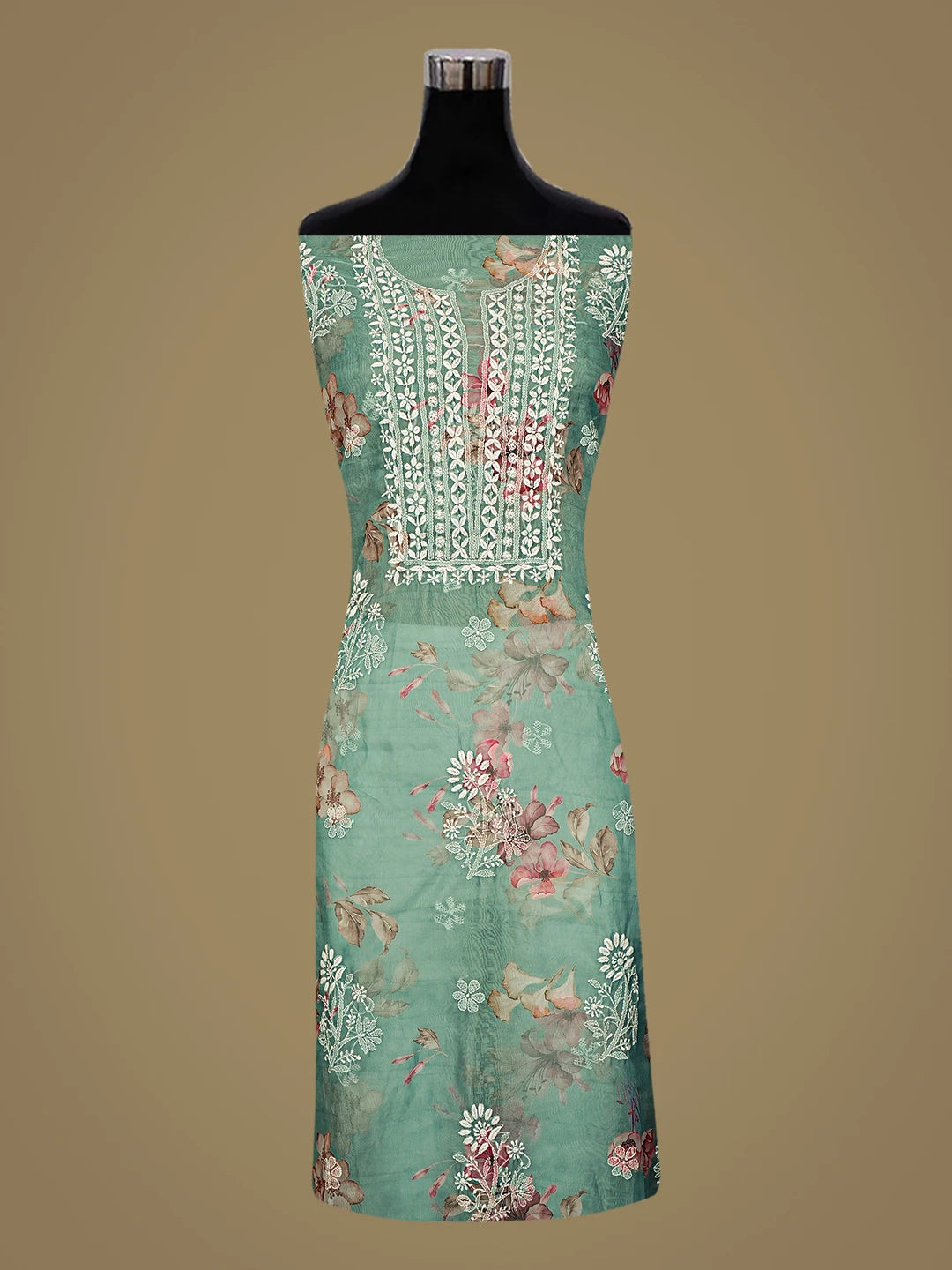 Ada Hand Embroidered Floral Printed Green Organza Lucknowi Chikankari Unstitched Kurta Dupatta Set 01A876558