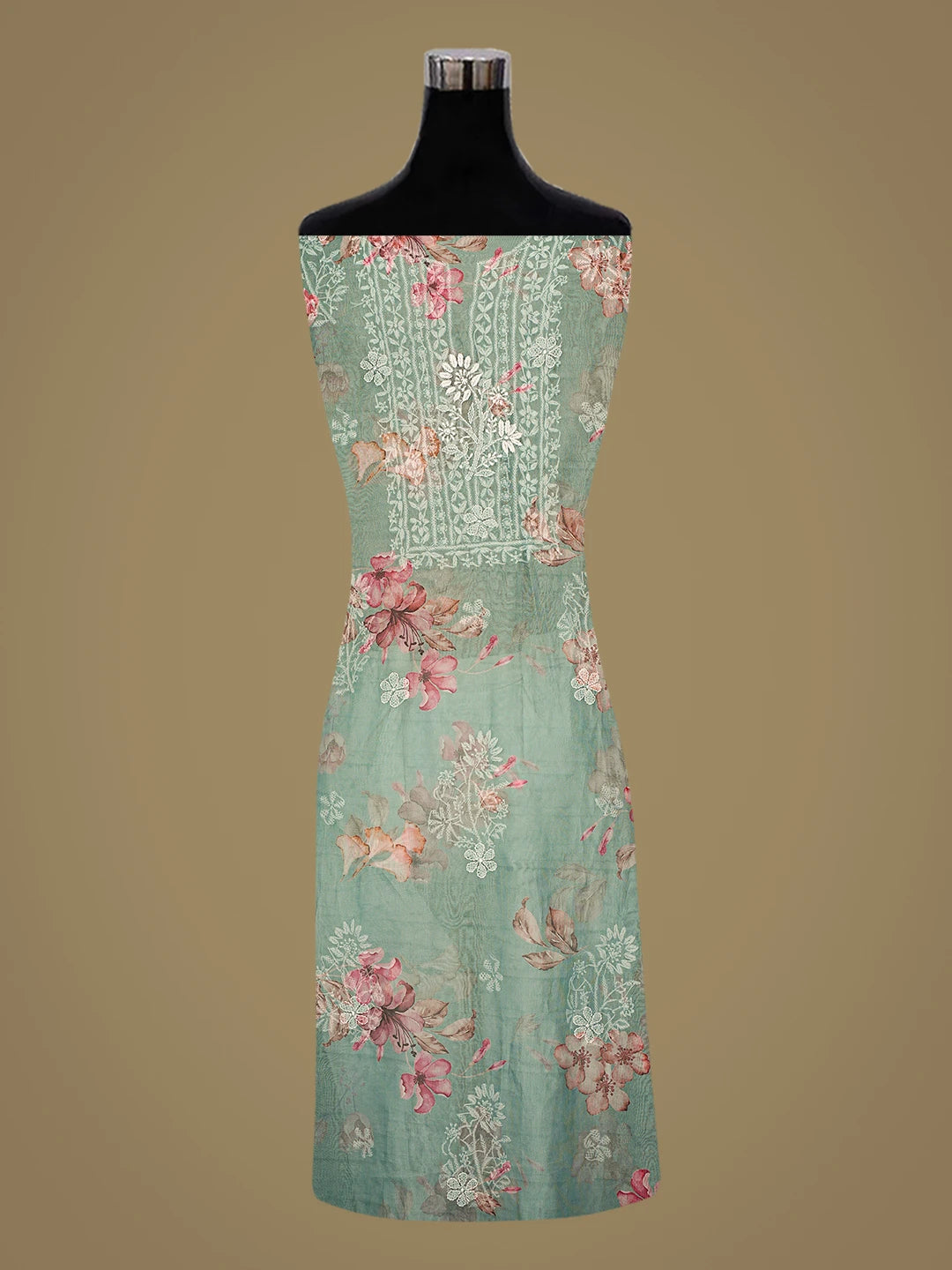 Ada Hand Embroidered Floral Printed Green Organza Lucknowi Chikankari Unstitched Kurta Dupatta Set 01A876558