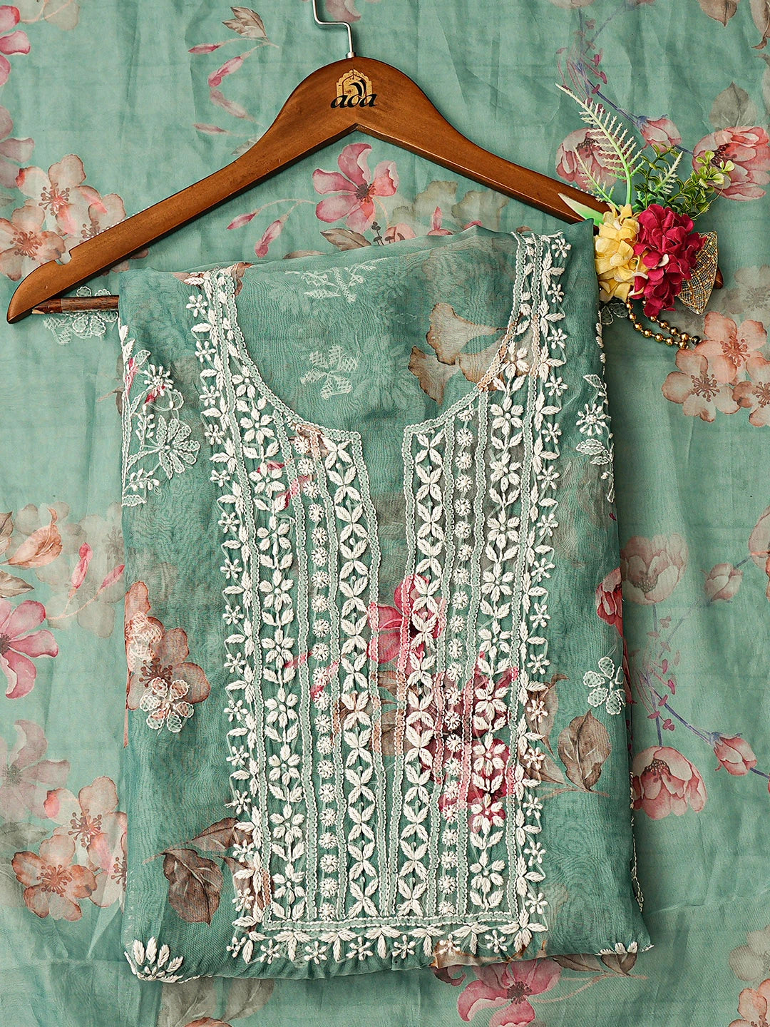 Ada Hand Embroidered Floral Printed Green Organza Lucknowi Chikankari Unstitched Kurta Dupatta Set 01A876558
