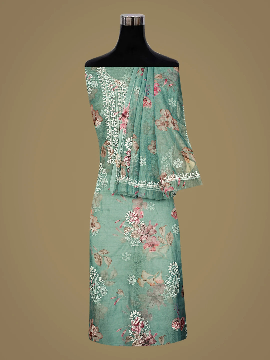 Ada Hand Embroidered Floral Printed Green Organza Lucknowi Chikankari Unstitched Kurta Dupatta Set 01A876558