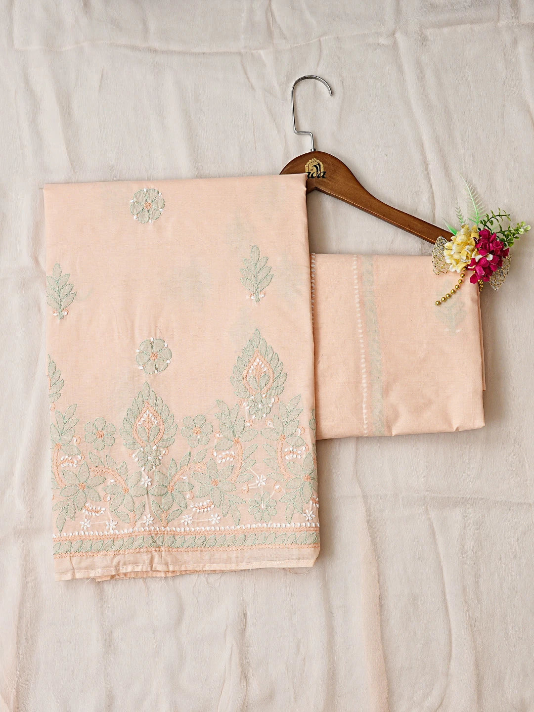 Ada Hand Embroidered Peach Cotton Lucknowi Chikankari Unstitched Suit Piece 01A886786
