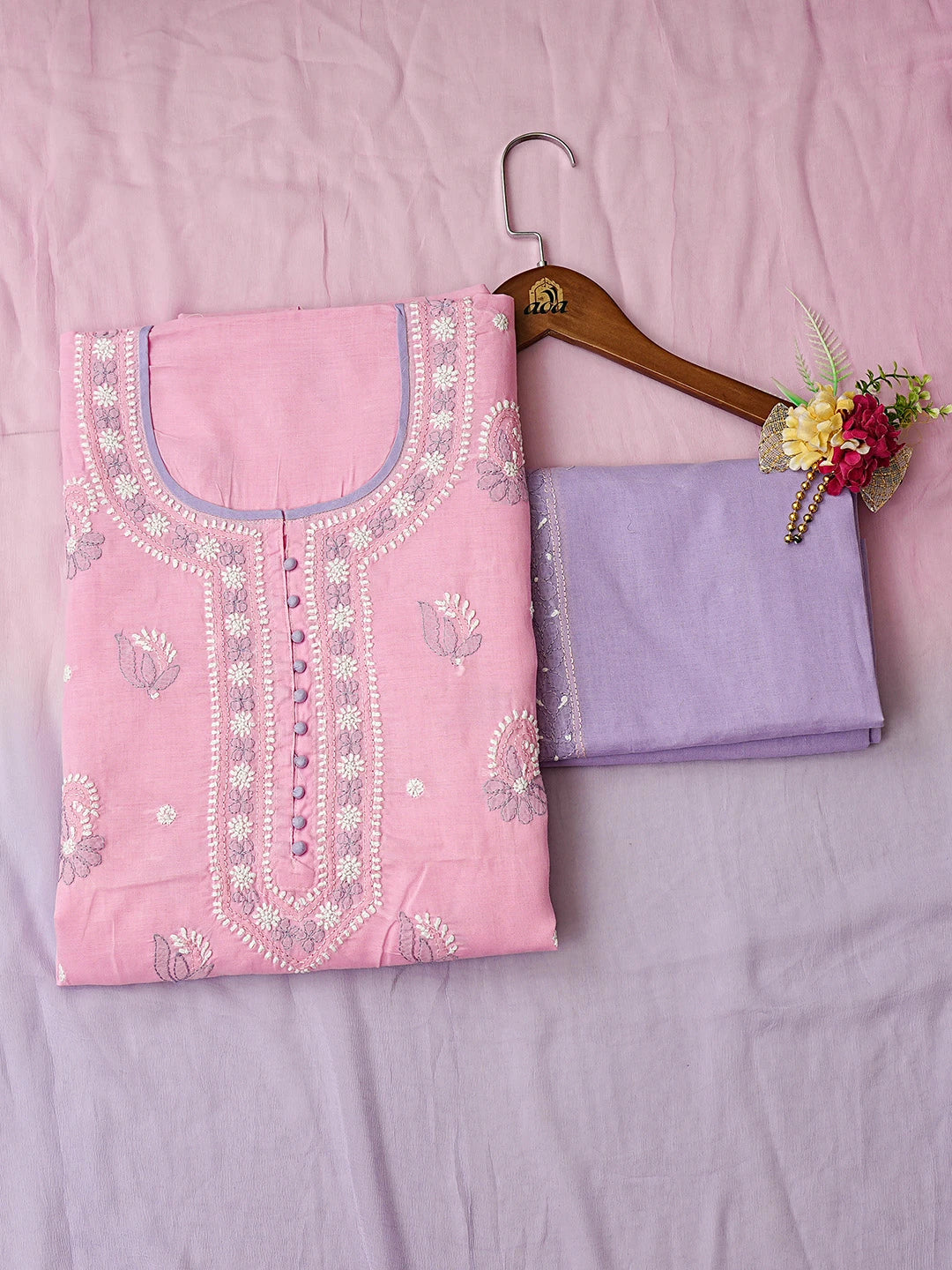 Ada Hand Embroidered Pink Cotton Lucknowi Chikankari Unstitched Suit Piece 01A879774