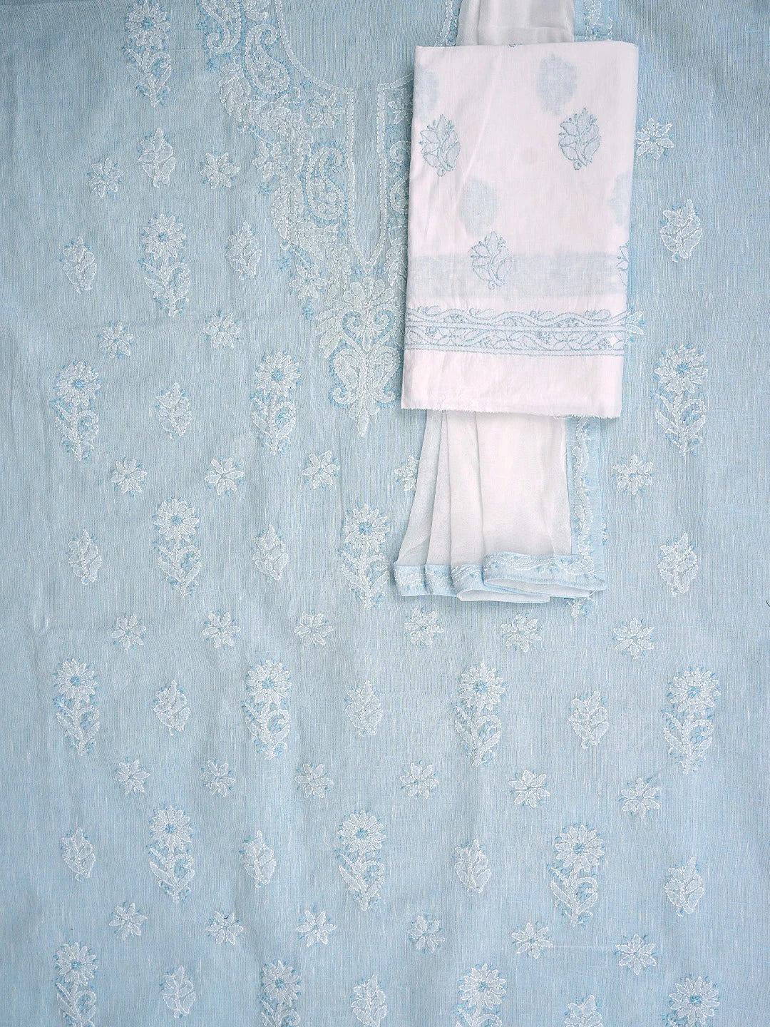 Ada Hand Embroidered Sky Blue Linen Lucknowi Chikankari Unstitched Suit Piece 01A885309