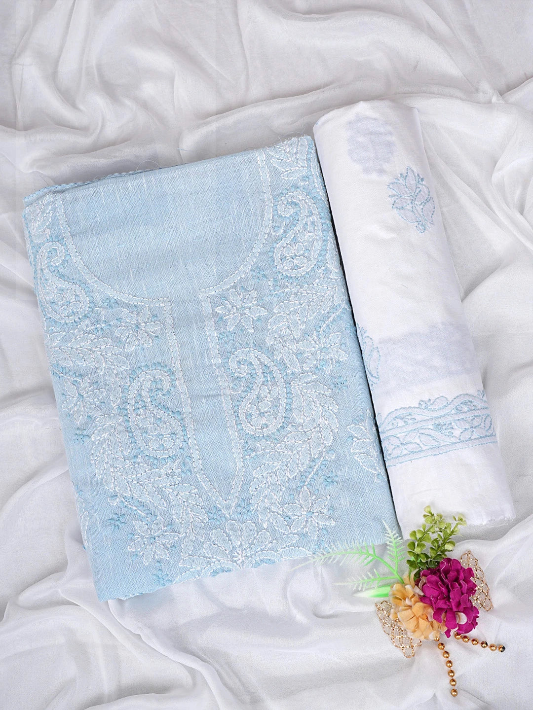 Ada Hand Embroidered Sky Blue Linen Lucknowi Chikankari Unstitched Suit Piece 01A885309