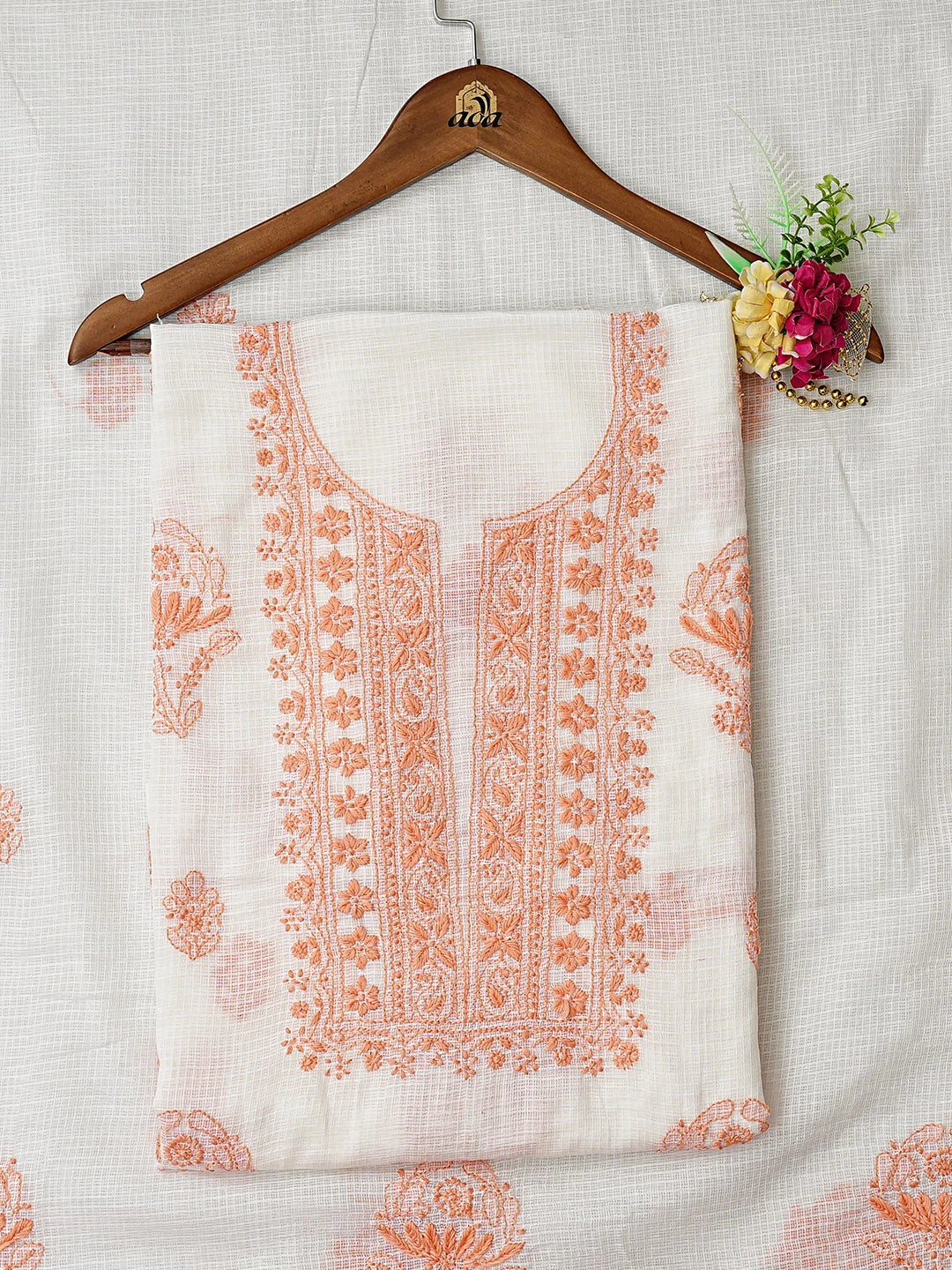 Ada Hand Embroidered White Kota Lucknowi Chikankari Unstitched Kurta Piece 01A876976