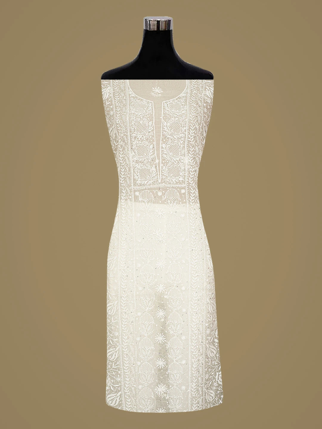 Ada Hand Embroidered White Organza Lucknowi Chikankari Unstitched Kurta Dupatta Set With Pearl Work 01A873555